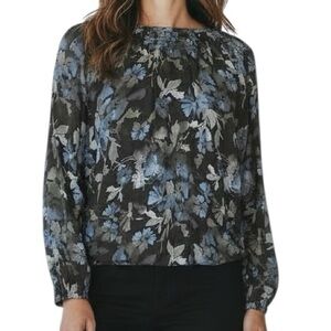 NWT BELLA DAHL Floral Long Sleeve Smocked Trim Tie Back Blouse Size Large